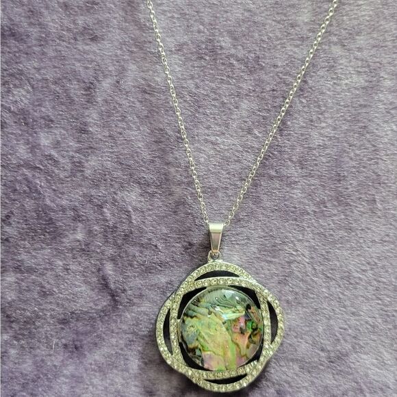 Abalone Shell and White Austrian Crystal Curvy Round Pendant Necklace - Picture 11 of 13